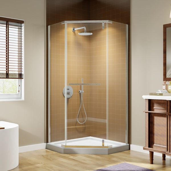 English Elm Corner Frameless Neo-angle Pivot Shower Enclosure with Tempered Glass and Sleek Hardware Brushed Nickel W637P348806
