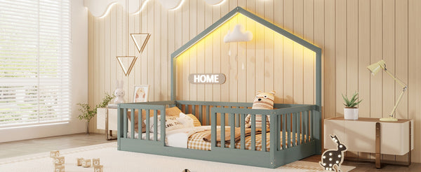 English Elm Twin Montessori Floor Bed House Frame with Led Lighting and Safety Rails for Kids Grey W2593P440597