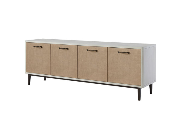 English Elm 80" Console Vanilla White Two-Tone Solid Wood & MDF TV Stand with Soft-Close Doors, Adjustable Shelves and Textured Grain Design B2699P373667