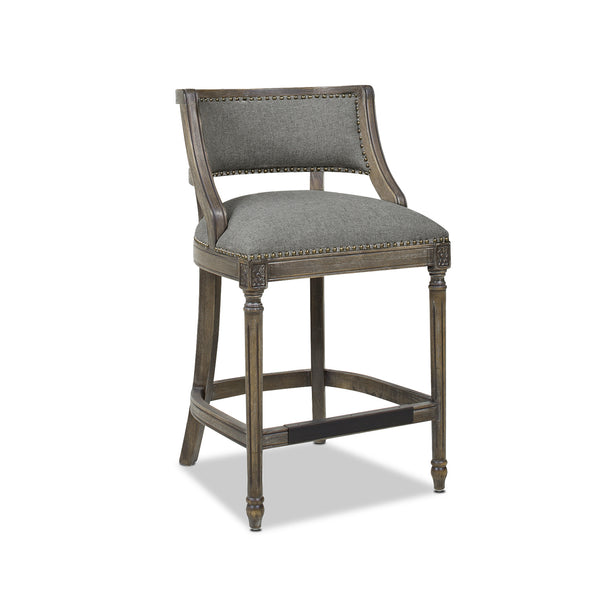 English Elm Jennifer Taylor Home - Paris 26.5" Farmhouse Counter Height Bar Stool with Upholstered Linen Seat, Hardwood Frame, Brass Footrest Gray B2719P238378