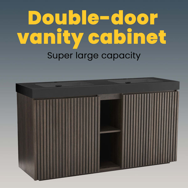 English Elm Galan60F" Smoked Oak Freestanding Bathroom Vanity With Soft-Close Doors & Sleek Black Sink Basin W1865S00154