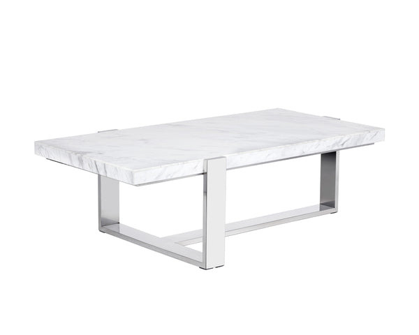 Sunpan Tribecca Marble Coffee Table - Elegant White Design with Stainless Steel Base for Modern Living Spaces