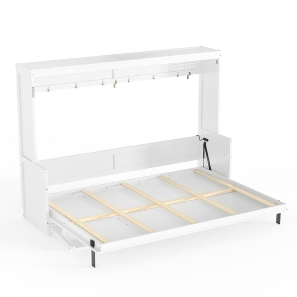 English Elm Queen Murphy Bed with Fold Down Desk Led Lighting and Usb Port for Home Office White W1580S00456