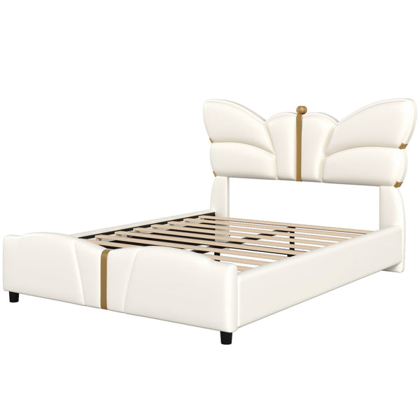 English Elm Christopher Knight Home® - Full Upholstered PU Leather Bed Frame with Butterfly Headboard, Gold Accents, Solid Wood Platform Beige 78.25 L x 10 W x 3.25 H N761S0000018W