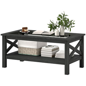 English Elm HOMCOM Modern Farmhouse Glass Coffee Table with Tempered Top, Lower Storage Shelf & X-Frame Design Black W2225P229136