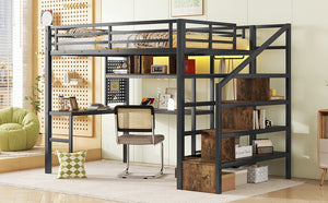 English Elm Full Size Loft Bed With Desk, Wardrobe & Led Light – Space-Saving Metal Design For Kids' Rooms! W2593S00019