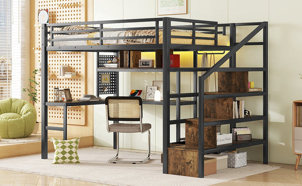 English Elm Full Size Loft Bed With Desk, Wardrobe & Led Light – Space-Saving Metal Design For Kids' Rooms! W2593S00019
