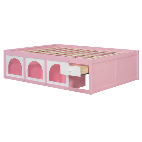 English Elm Full Size Kids Platform Bed with Led Lighting Bookshelf Display Cabinet and Storage Drawer Pink+White N820S00077H
