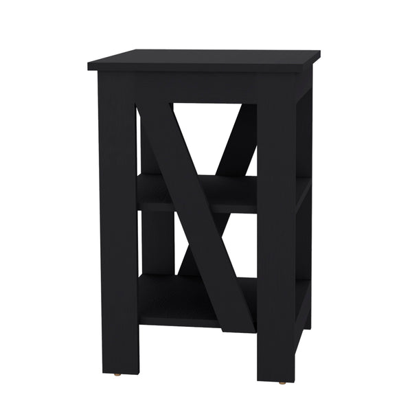 English Elm Side Table Rossville Black Engineered Wood End Table with Two Open Shelves, Modern Living Room Accent B092P191180