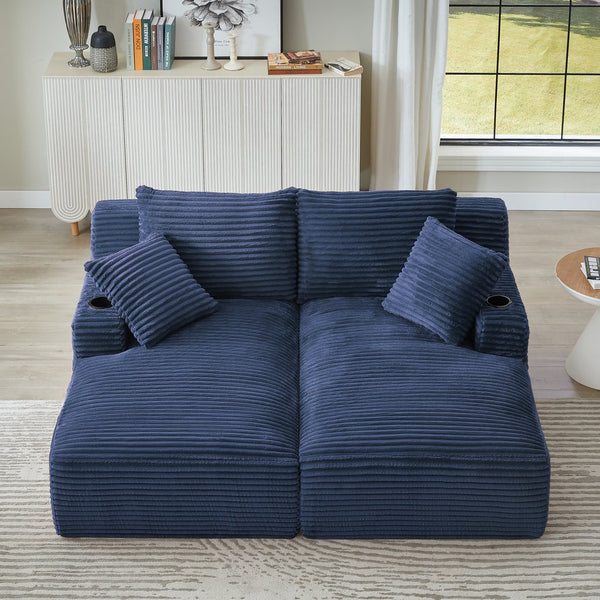 English Elm Compressible Corduroy Double Chaise Lounge with Cupholders, No Assembly, Spring-Padded Comfort Sleeps 94 Blue W2339P346396