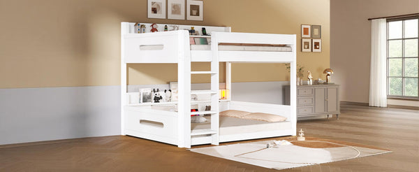English Elm Queen Over Pine Bunk Bed with Built-in Shelves and Usb Charging Ports White N7090002238K