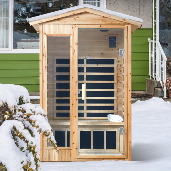 English Elm Two Person Old Fir Outdoor Far Infrared Sauna with Bluetooth and Lcd Controls W632S00010