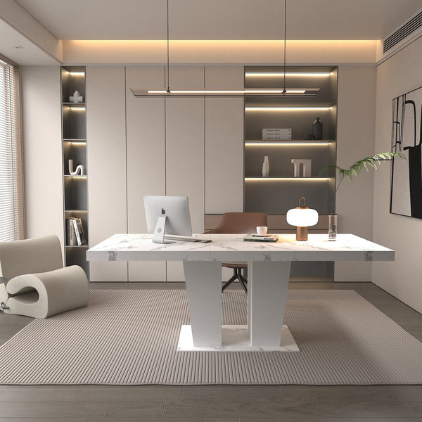 English Elm Extendable Faux Marble Dining Table with V-Legs — Sleek Expandable Conference & Kitchen Centerpiece for 6–10 White Marble W1347S00008