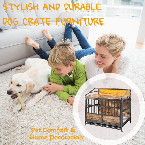 English Elm Multi-function Wooden Dog Crate with Rgb Led Storage Console for Large Breeds W840P291740
