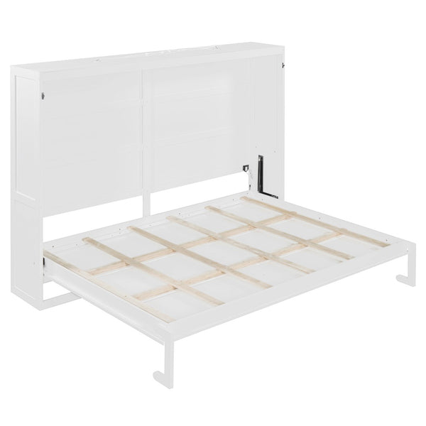 English Elm Queen Murphy Wall Bed with Led Lighting Modern Cabinet Folds Flat for Studio Living White LP100973AAK