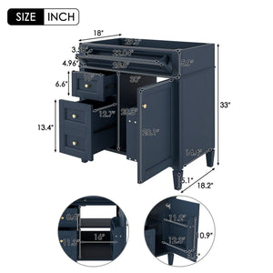 English Elm 30'' Modern Bathroom Vanity Cabinet with Roman Legs, 3 Drawers, Adjustable Shelf, Tip-Out Drawer, Durable MDF/Solid Wood Blue N710P236988C