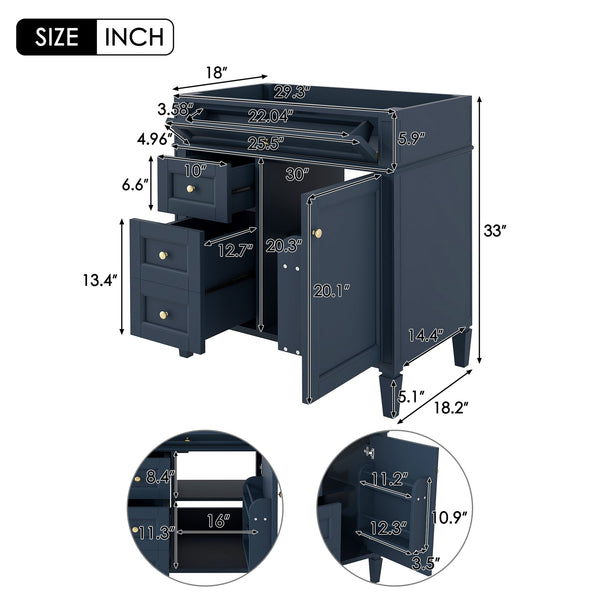 English Elm 30'' Modern Bathroom Vanity Cabinet with Roman Legs, 3 Drawers, Adjustable Shelf, Tip-Out Drawer, Durable MDF/Solid Wood Blue N710P236988C