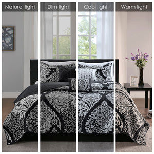 JLA Home Madison Park - 6 Madison Park Vienna Cotton Sateen Quilt Set — Reversible Damask Design with 3 Embroidered Accent Pillows Black MP13-7959