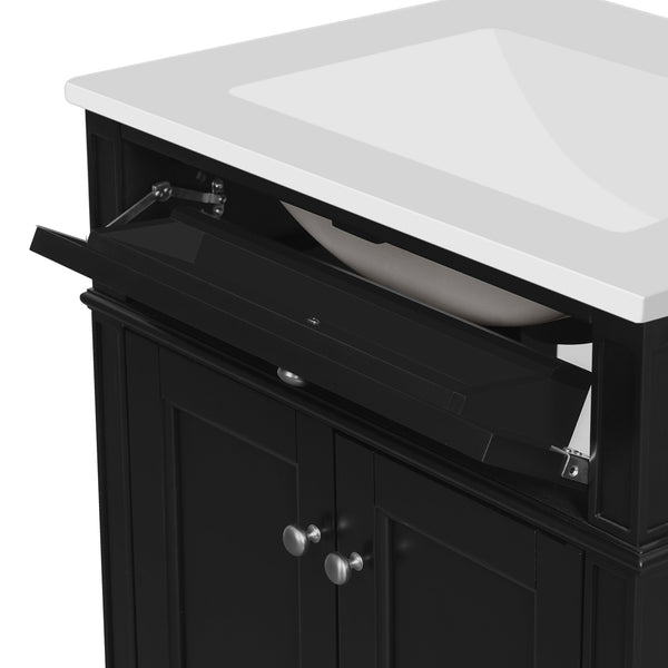 English Elm 24" Bathroom Vanity with Ceramic Basin, French-Inspired Accent Carvings, Soft-Close Doors & Storage Black N710P293309B