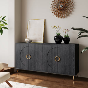 English Elm Modern Lacquered 4 Door Wooden Cabinet Sideboard Buffet Server with Two-Tier Storage and Sleek Countertop Distressed Black W1435P191611