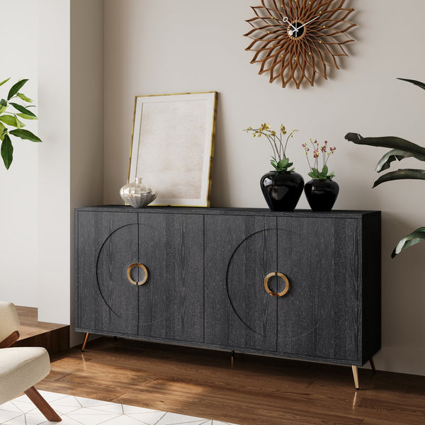 English Elm Modern Lacquered 4 Door Wooden Cabinet Sideboard Buffet Server with Two-Tier Storage and Sleek Countertop Distressed Black W1435P191611