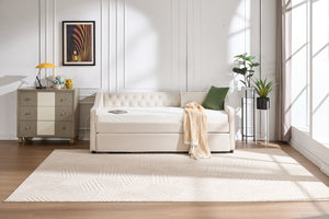 English Elm Twin Velvet Daybed with Pull Out Trundle Tufted Back Usb Port and Side Pockets Beige W1361S00035