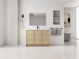 English Elm 48" Floating Bathroom Vanity Dual Ceramic Vessel Sinks Oak Finish Soft Close Doors W999S00511