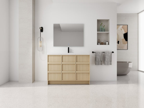 English Elm 48" Floating Bathroom Vanity Dual Ceramic Vessel Sinks Oak Finish Soft Close Doors W999S00511