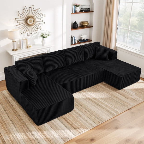 English Elm U-shaped Modular Corduroy Sectional Sofa Sleeper Spacious Living Room Lounge Couch Black W487S00426