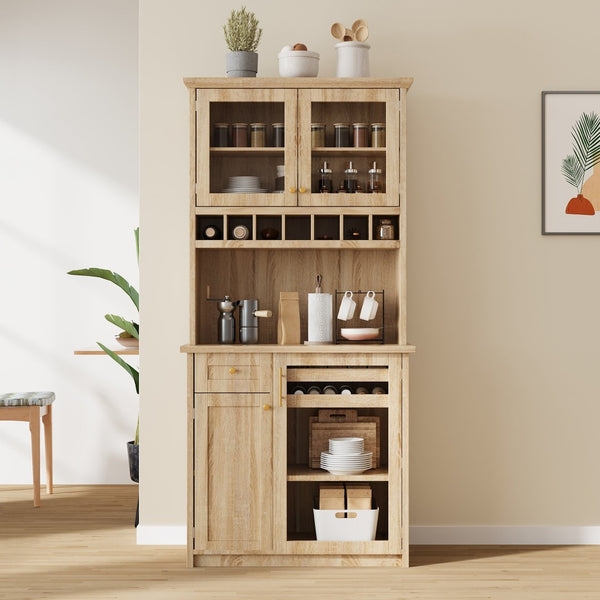 English Elm Topmax Farmhouse Buffet Hutch with Wine Rack Shaker Glass Pantry Cabinet N717P327043N