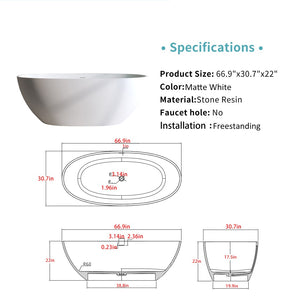 English Elm 66.9″solid Stone Resin Freestanding Bathtub Oval Matte White Soaking Tub Thermal Walls W2753P307870