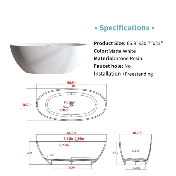 English Elm 66.9″solid Stone Resin Freestanding Bathtub Oval Matte White Soaking Tub Thermal Walls W2753P307870