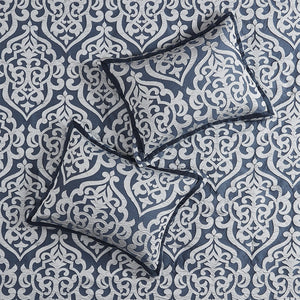 English Elm 8 Piece Jacquard Comforter Set - Navy & Silver Elegance For A Luxurious, Cozy Queen Bedroom Retreat B035128892