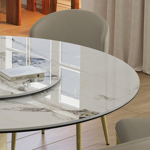 English Elm 59" 59" Round Sintered Stone Dining Table with Gold Hourglass Base, Marble-Look, Scratch & Heat Resistant Golden+White W2700S00048