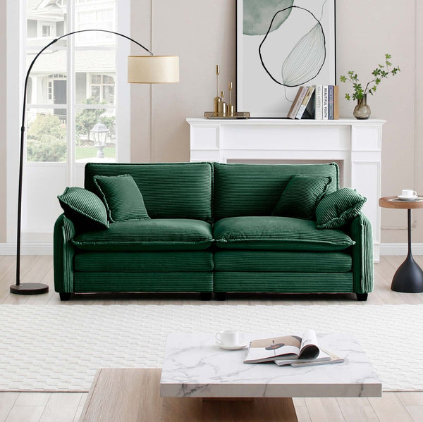 English Elm Warm Retro-Inspired 2-Seater Sofa In Green Corduroy With 4 Pillows For Cozy Living Spaces W714S00728-GIGA