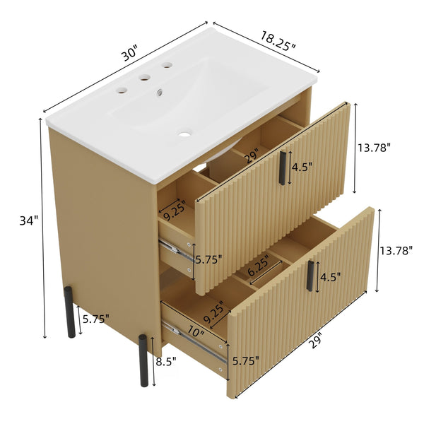 English Elm Christopher Knight Home® - 30" Bathroom Vanity With Elegant Ceramic Sink, Soft-Close Drawers & Fluted Design For Modern Spaces N817P288931N