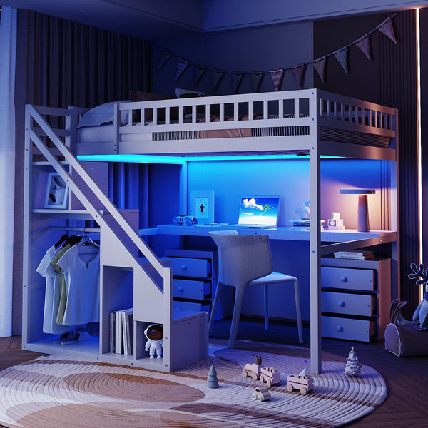 English Elm Full Size Loft Bed with Desk Drawers Led Strip and Staircase for Teen Rooms White LT000258AAK-1