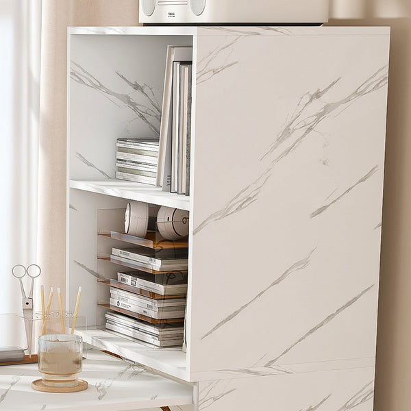 English Elm Stretchable expandable office desk with magnetic fold, lockable casters, adjustable shelves for storage and space-saving White Marble W509P355682