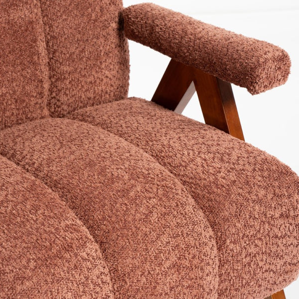 English Elm Mid-century Modern Chenille Lounge Chair Set Oak Frame Cloud Silhouette Living Room Rust Red W1170S00049