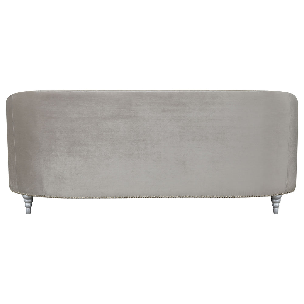 English Elm Dolby Grey Velvet Tufted Sofa with Chrome Nailhead Trim and Silver Turned Legs — 87"L Modern Luxe B062P357805