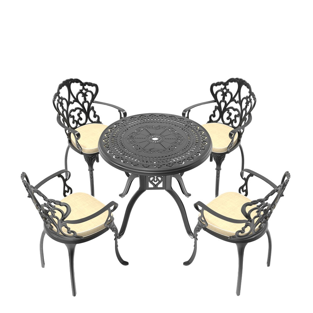 English Elm 5-piece Cast Aluminum Outdoor Dining Set with Relief Carved Frame and All-weather Cushions W1710S00543