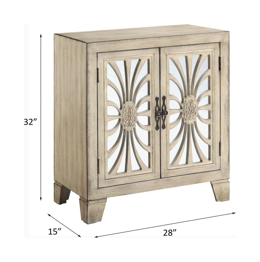 English Elm Nalani Antique White Console Cabinet with Mirrored Paneled Doors, Tapered Legs & Hidden Storage B2726P272314