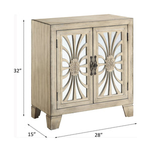 English Elm Nalani Antique White Console Cabinet with Mirrored Paneled Doors, Tapered Legs & Hidden Storage B2726P272314