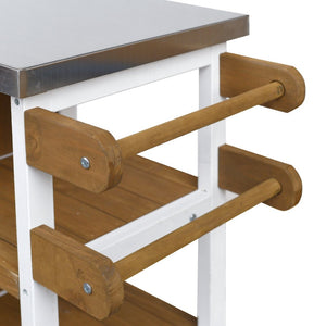 English Elm Foldable Outdoor Kitchen Cart with Stainless Worktop Fir Wood Frame and Lockable Wheels Brown+White N719P380281Z