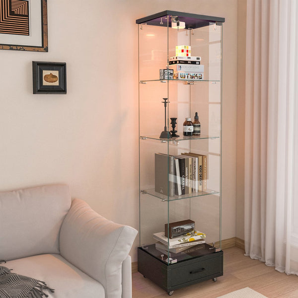 English Elm Modern Glass Display Cabinet With Led Lights - Stylish 4-Shelf Storage For Collectibles & Decor W241P268241