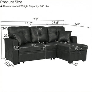 English Elm Sleeper Sectional Sofa with Storage Chaise Tufted Black Fabric L-shaped Living Room W5568S00037