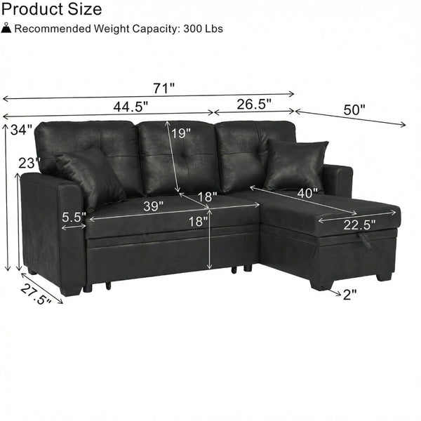 English Elm Sleeper Sectional Sofa with Storage Chaise Tufted Black Fabric L-shaped Living Room W5568S00037