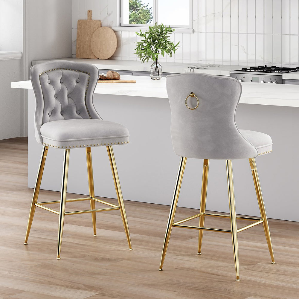 English Elm Bar Stools Set Of 2 - Luxurious Gray Velvet Wingback Chairs With Nailhead Trim For Modern Spaces T3623P363073