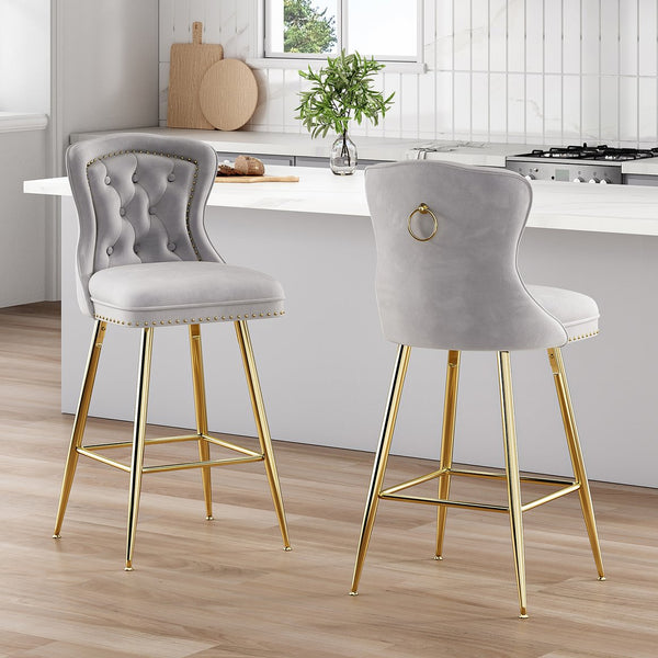 English Elm Bar Stools Set Of 2 - Luxurious Gray Velvet Wingback Chairs With Nailhead Trim For Modern Spaces T3623P363073