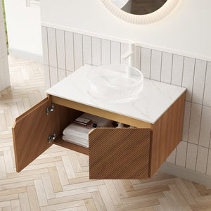 English Elm Muri Floating Bathroom Vanity Plywood Cabinet Sintered Stone Top Oak Drawer W2615S00530